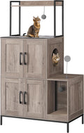 Two-door cat litter box enclosure cabinet with shelf and dangling plush ball toys