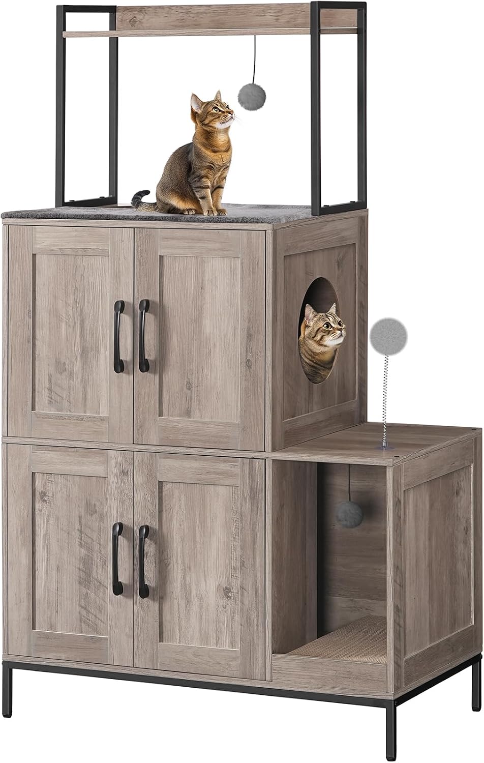 Two-door cat litter box enclosure cabinet with shelf and dangling plush ball toys