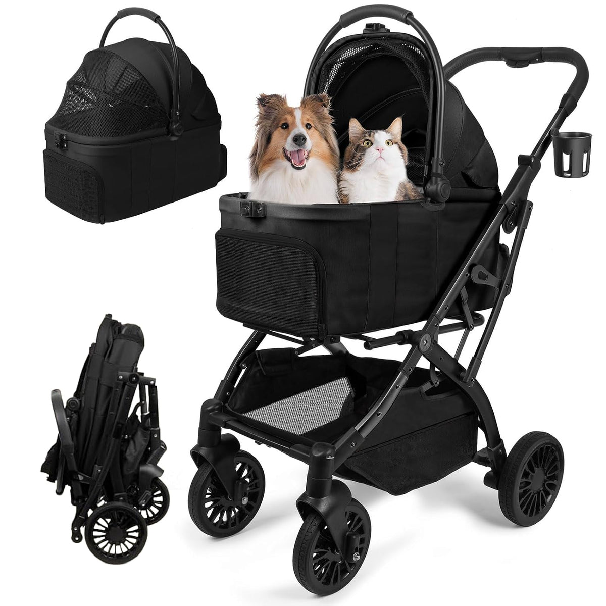 Black 5-in-1 small dog stroller with removable carrier