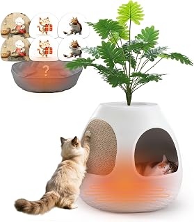 Cat Cave, 3-in-1 Kitty House Condo with Plant, Cushioned Bed and Scratchers, White, Size M