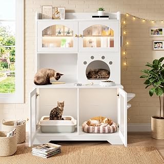 Hidden Cat Litter Box Furniture with Storage Cabinet and LED Light