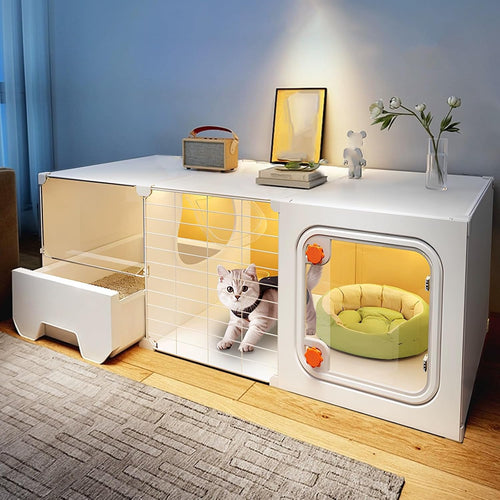 White single-tier plastic cat cage with transparent doors and pull-out litter tray