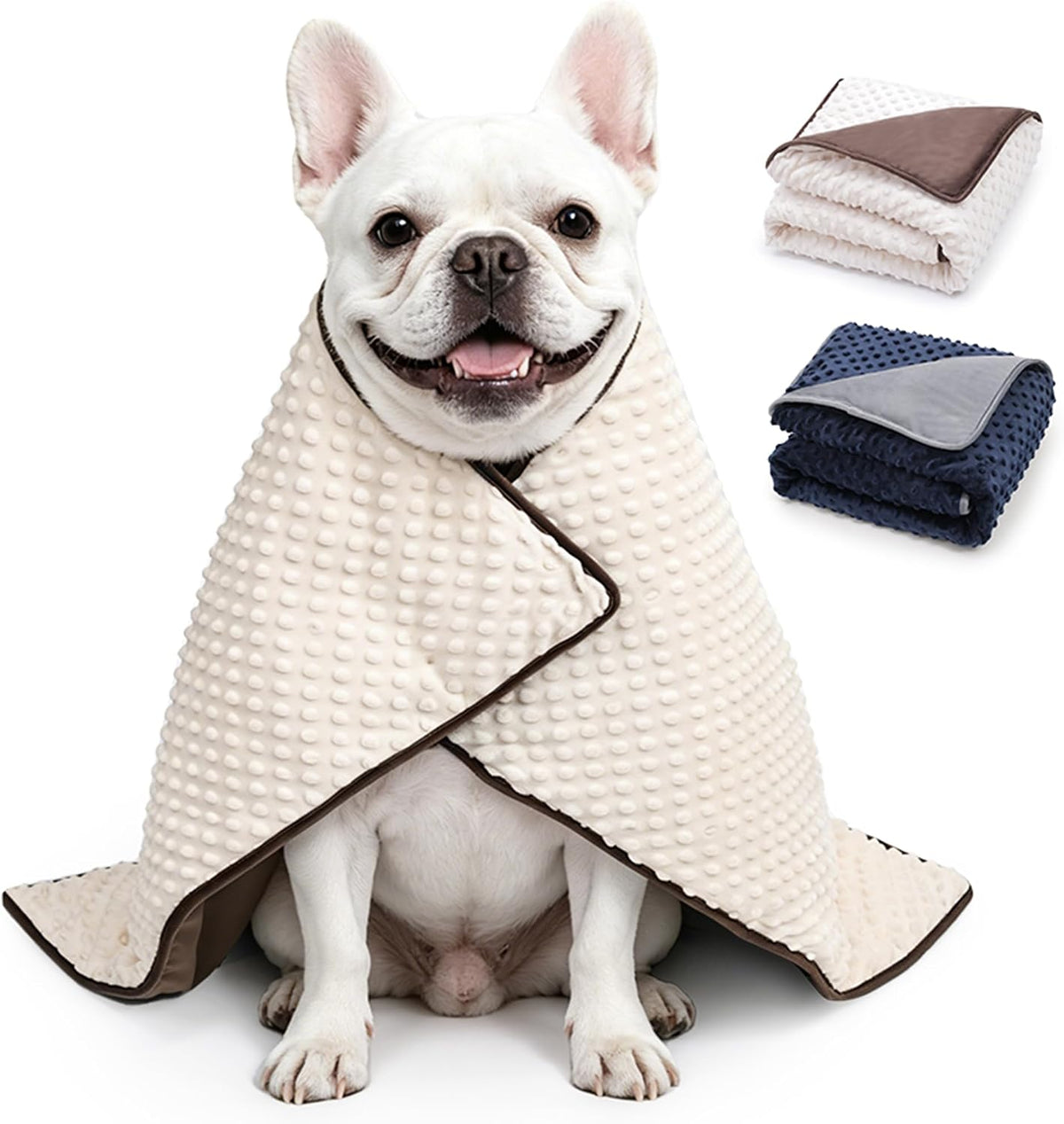 Beige weighted blanket for dogs on a pet bed