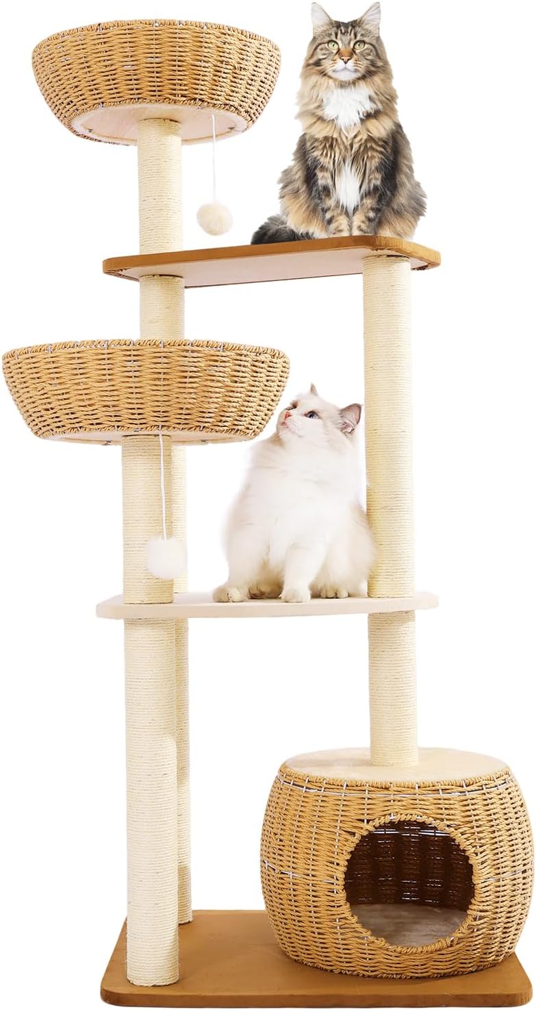 55.5 inch modern cat tree with two woven basket beds, clear capsule and sisal posts – view 4