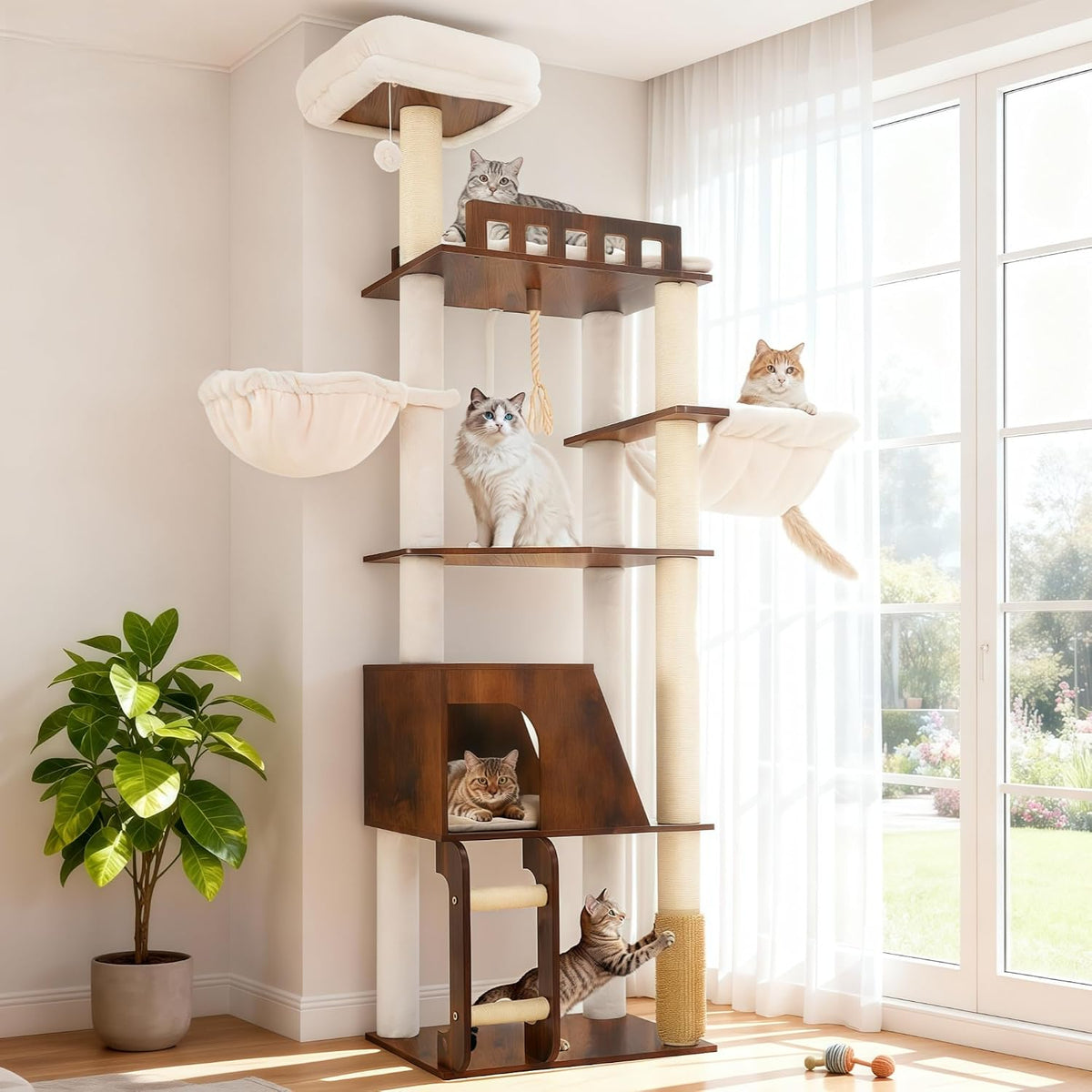 Rustic brown wooden cat tree with sisal posts, hammocks and ladder