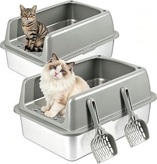 2 Pack Stainless Steel Enclosed Cat Litter Box with Lid, Large