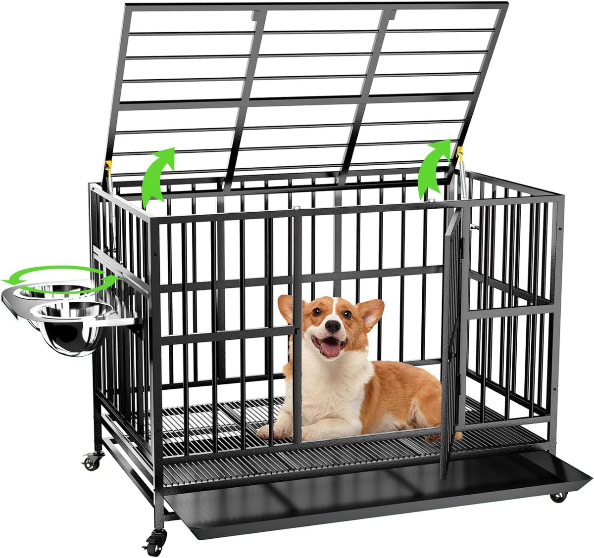 37 inch heavy duty dog crate on wheels with rotating stainless steel bowls