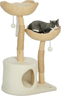 PawHut 37 Inch Cat Tree for Indoor Cats, Modern Cat Tower with Wooden Posts, Condo, Beds, Toy Balls, Washable Cushions and