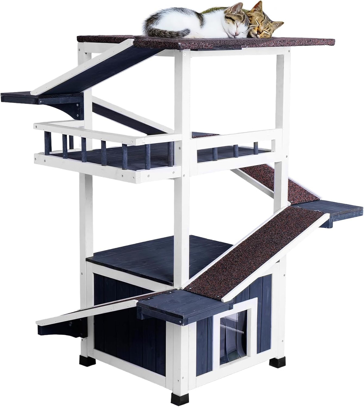 Fir wood outdoor cat tree house with asphalt roof and ramps