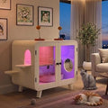 Retro TV Cat Litter Box Enclosure with RGB LED Lights, Glass Doors and Stairs, Beige