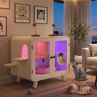 Retro TV Cat Litter Box Enclosure with RGB LED Lights, Glass Doors and Stairs, Beige