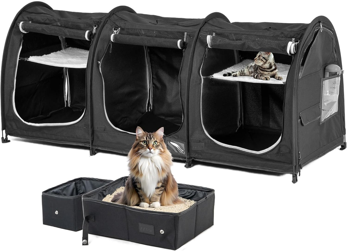 Foldable three compartment fabric cat show cage with hammocks and mats