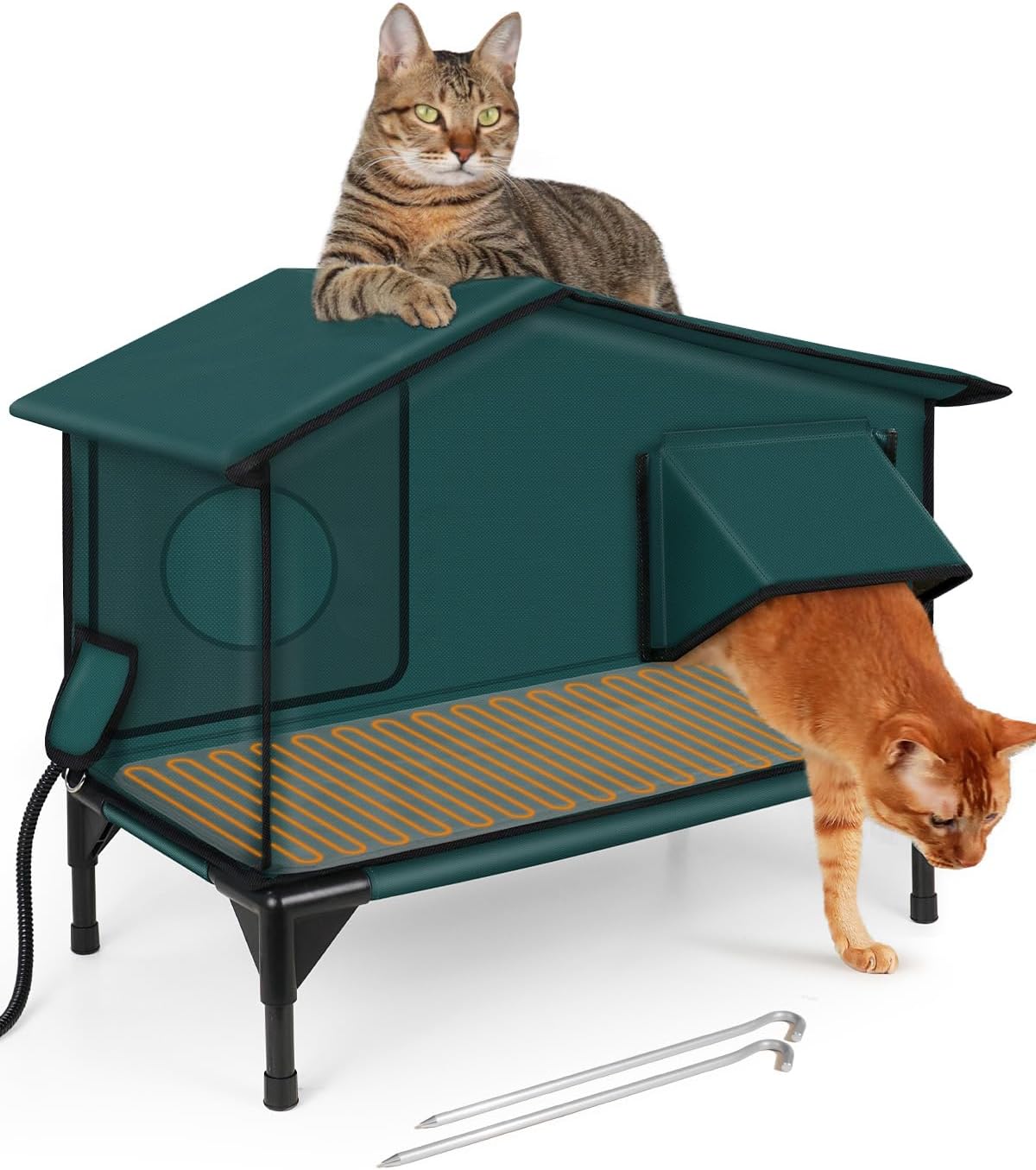 Dark green elevated heated outdoor cat house with awning and escape door