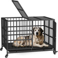 Black heavy-duty metal dog crate with top door, tray and lockable wheels