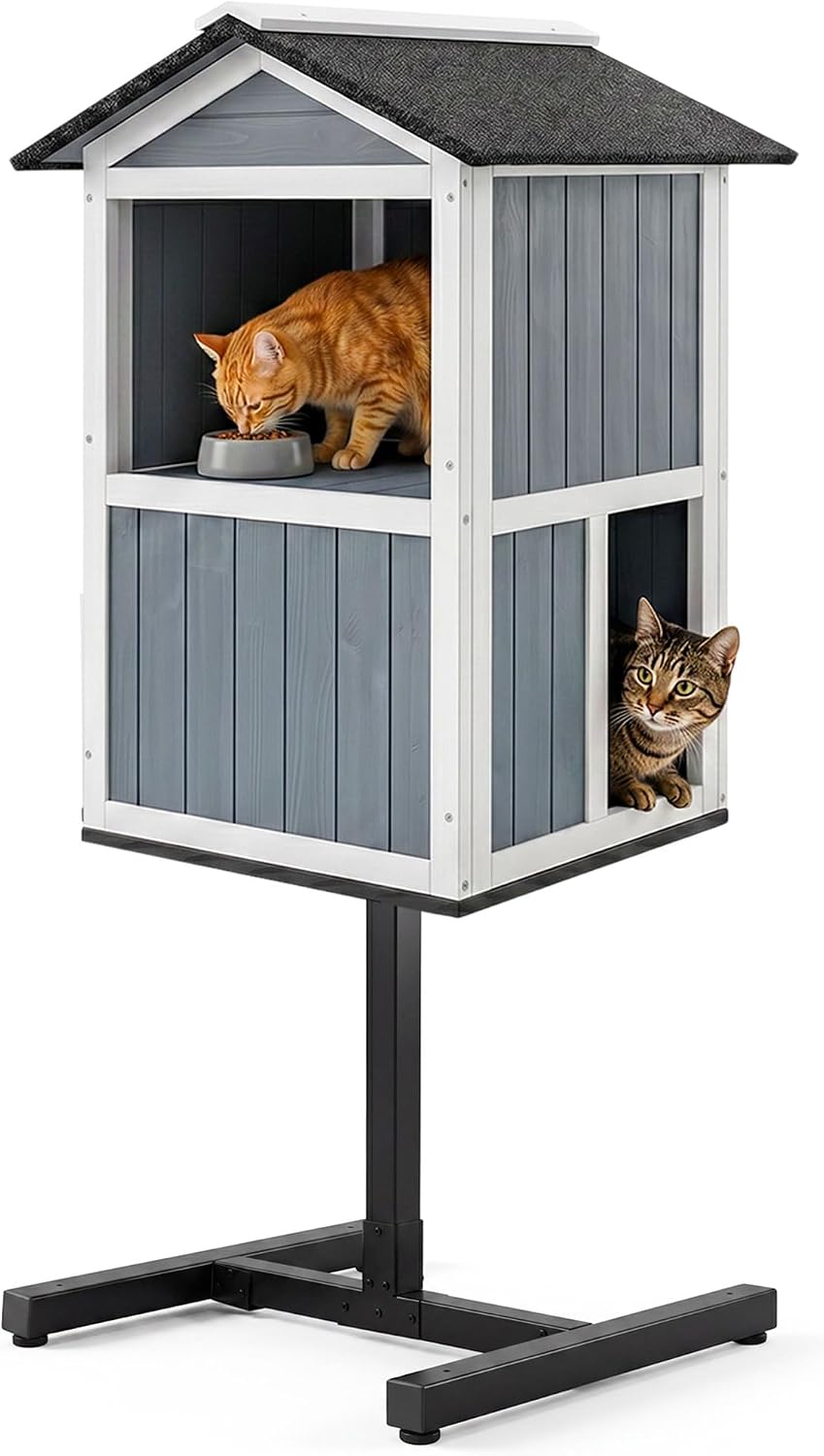 Two-story elevated wooden cat feeding station and shelter on steel stand