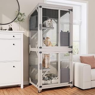 71.2 Inch Wooden Catio with Wheels, 3 Platforms and Resting Box