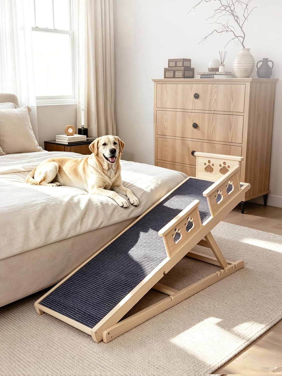 Wooden dog ramp with side rails leading up to the side of a bed