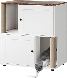 Double Cat Litter Box Enclosure Furniture for Two Cats with Scratching Post, 2-in-1 Hidden Cabinet and Litter Mat, White