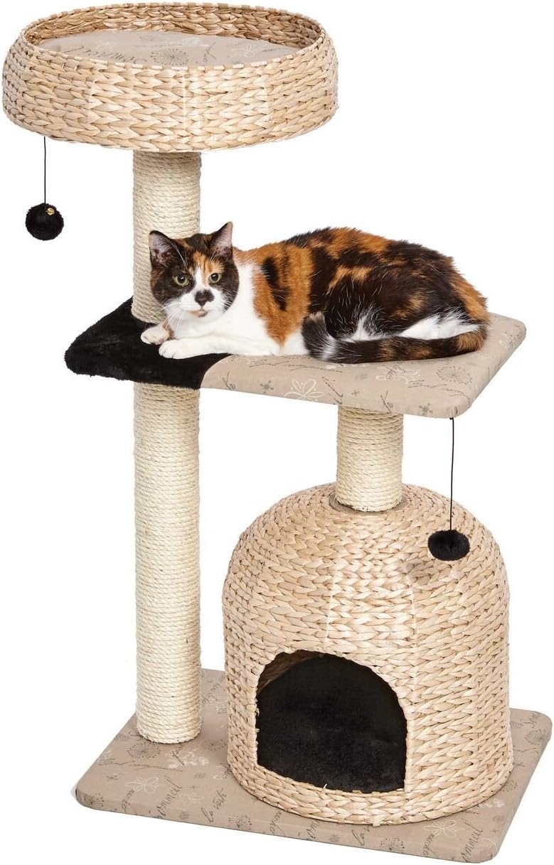 Three-tier woven rattan cat tree with dome cubby, basket bed and sisal posts