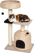 Three-tier woven rattan cat tree with dome cubby, basket bed and sisal posts