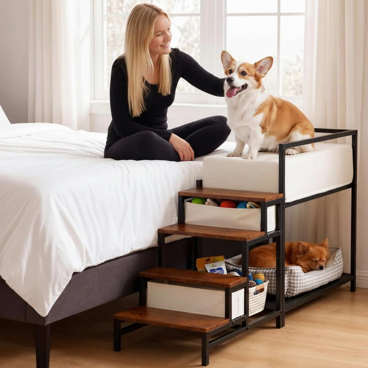 Raised pet bunk bed with stairs and foam pad set beside a human bed