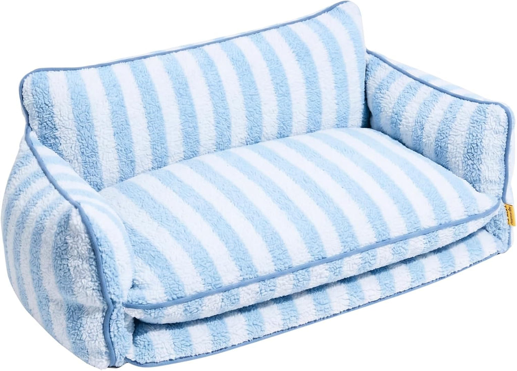 Cream striped three-sided pet sofa bed with fluffy faux lambswool cushion – view 2