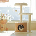 Small rattan and plush cat tree with woven nook and perch