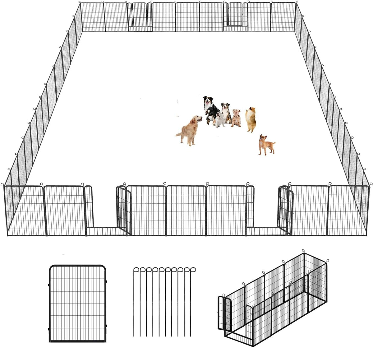 Black 40 inch metal dog playpen with fourteen panels set up in a yard – view 4