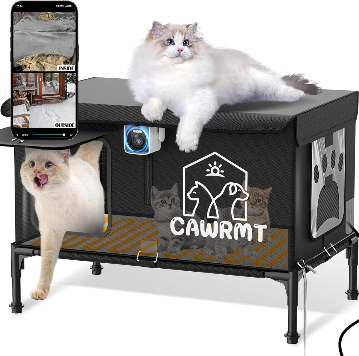 Black large heated outdoor cat house with built-in camera
