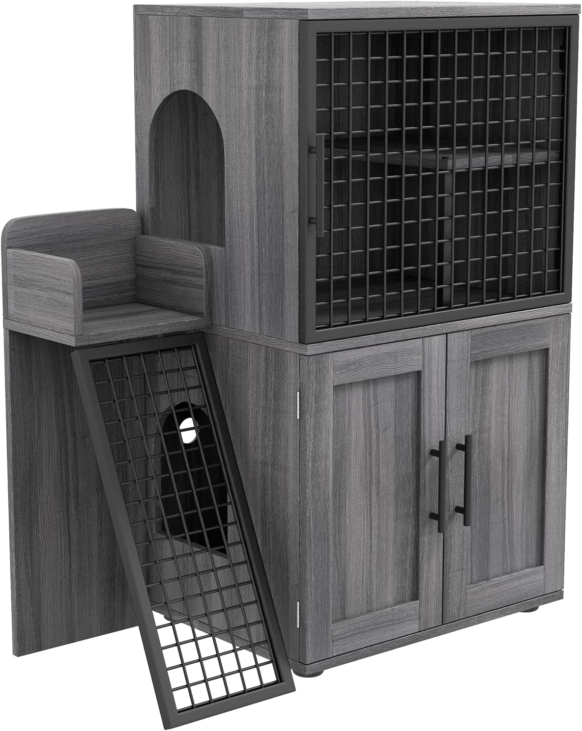 Wax wood double-tier litter box enclosure with climbing ladder and platform