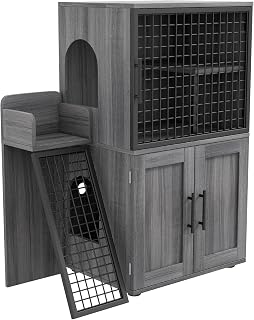 Double-Tier Cat Litter Box Enclosure with Ladder, Hidden Furniture Cabinet and Entertainment Platform for Large Litter