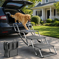 Extra wide aluminum dog stairs leading into an SUV