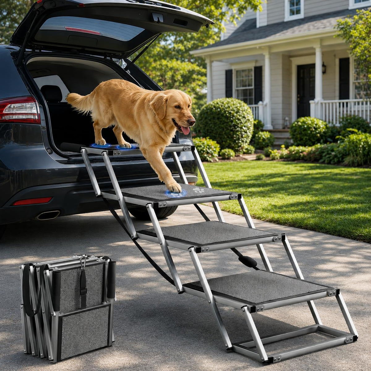 Extra wide aluminum dog stairs leading into an SUV