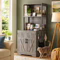 Gray barn door hidden litter box cabinet with storage shelves