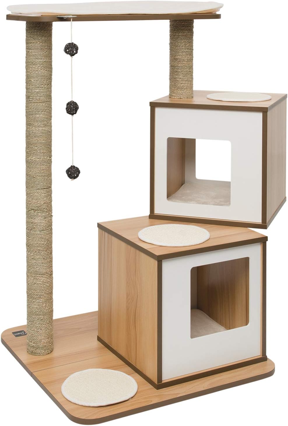 Walnut double cat tree with multiple levels