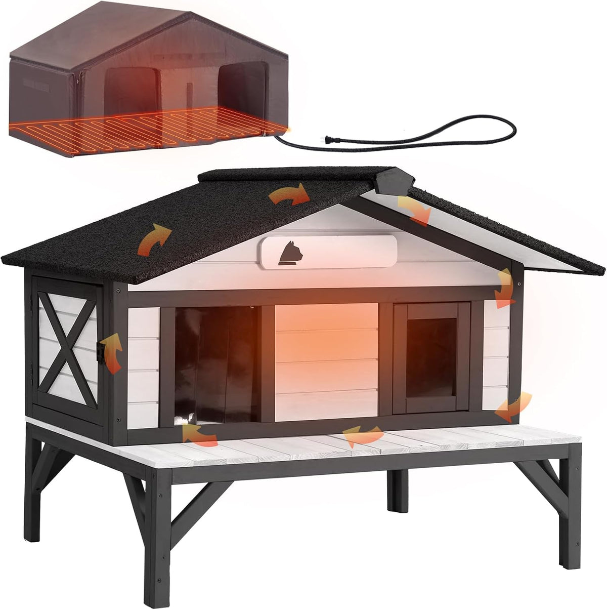 White and black insulated heated feral cat shelter