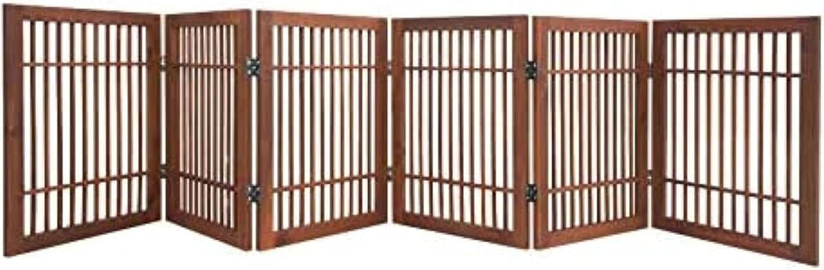 Brown freestanding 6-panel folding wooden dog gate, 24 inches tall