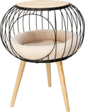 Two-level rubberwood cat tower with hideaway house and sherpa cushion – view 3