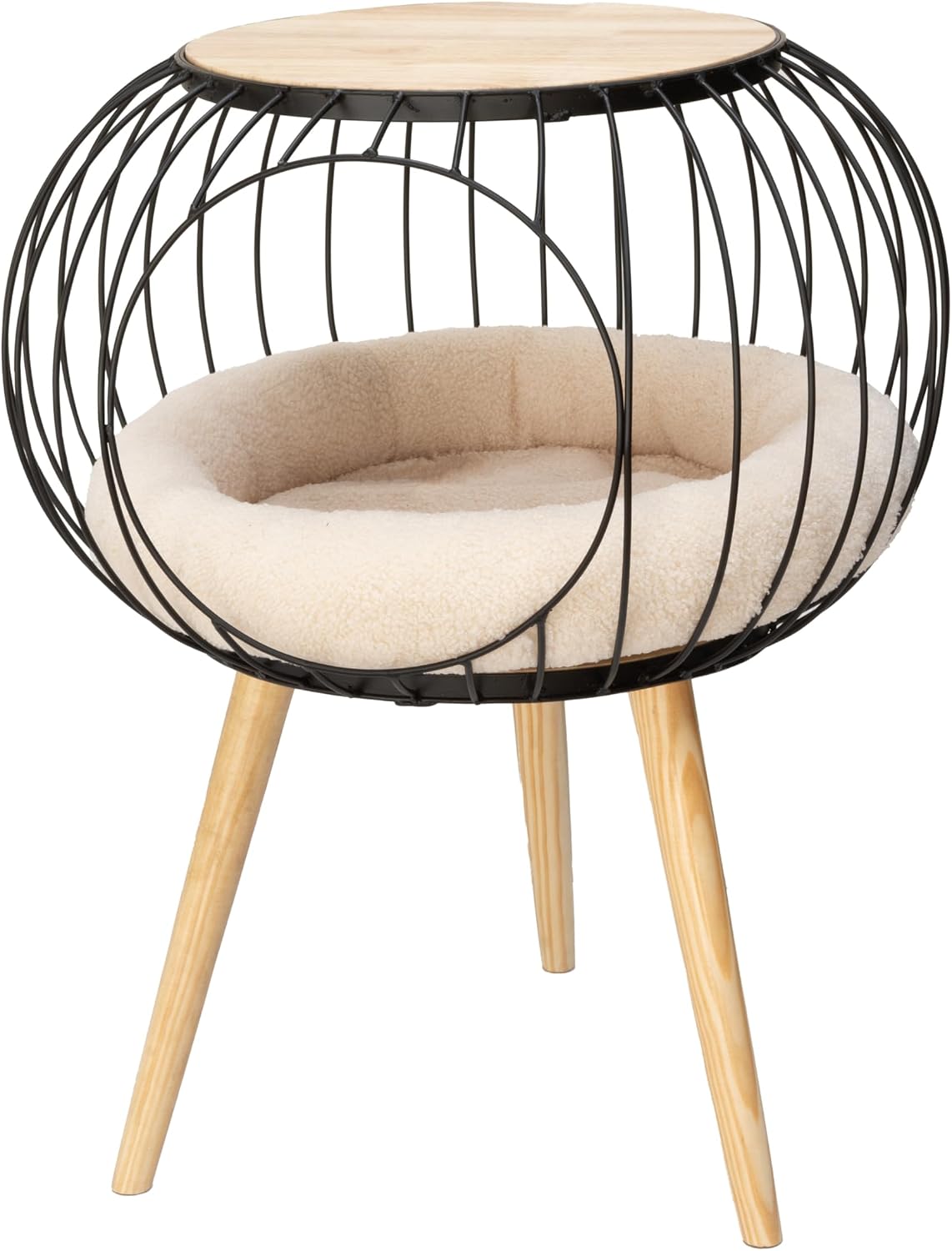 Two-level rubberwood cat tower with hideaway house and sherpa cushion – view 3