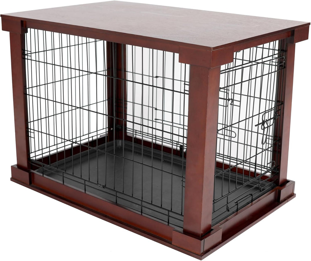 Mahogany wooden dog crate end table with sliding door