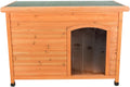 Large brown insulated outdoor dog house with door flap and hinged roof