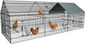 Long metal chicken run pen with sunshade cover on grass