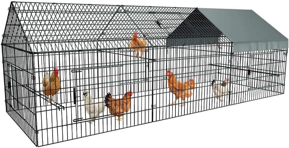 Long metal chicken run pen with sunshade cover on grass