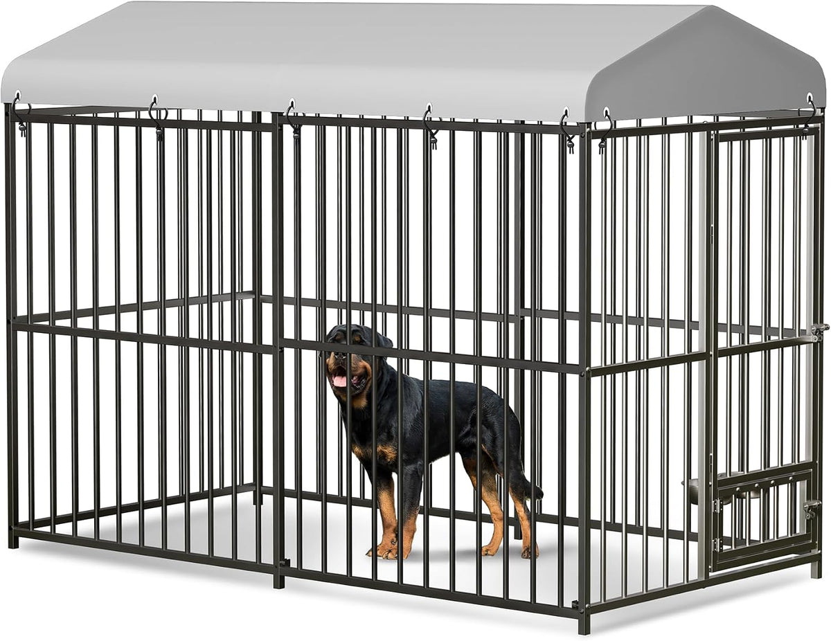 Outdoor dog kennel with roof cover and swivel feeding bowl – view 3