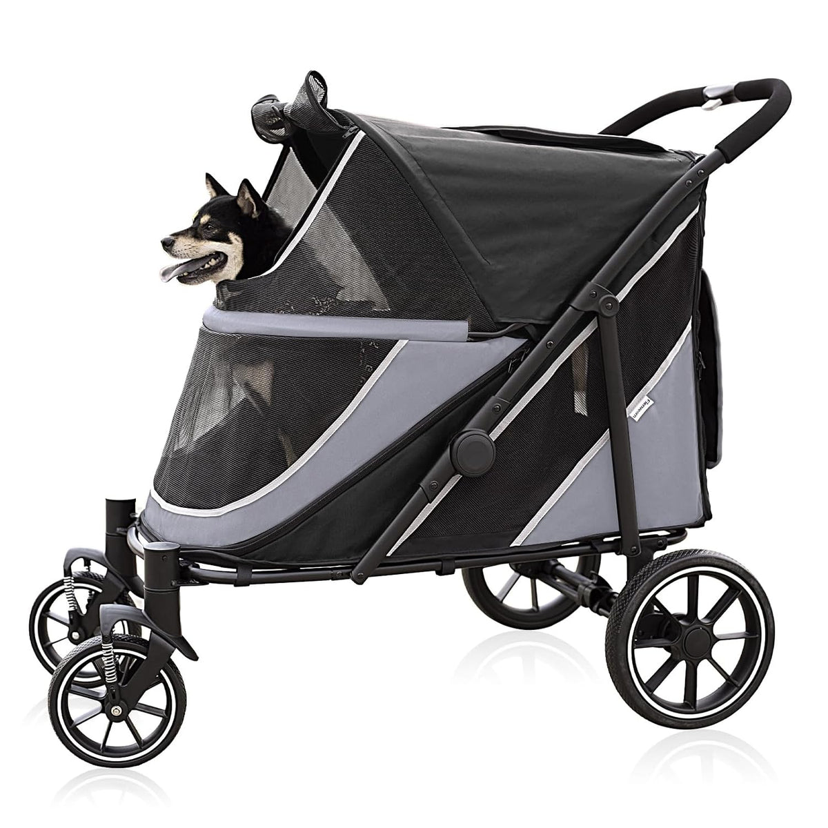 Red extra large folding dog stroller with mesh window – view 3