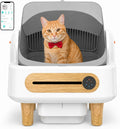 White open self-cleaning litter box with wood grain trim
