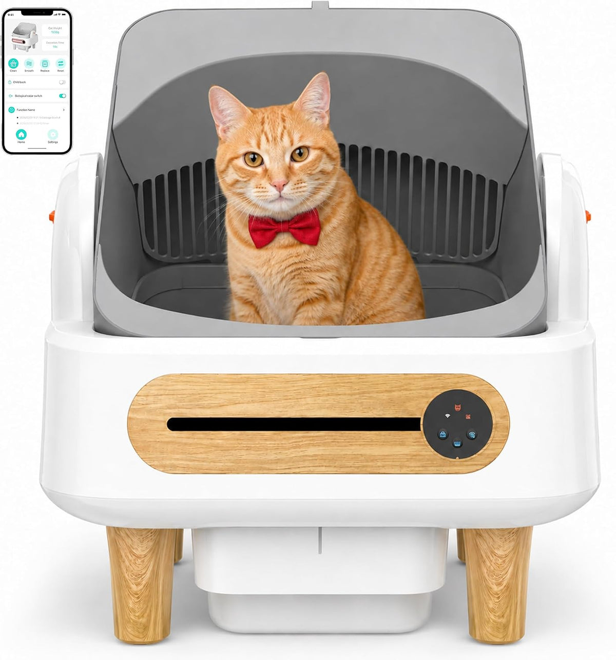 White open self-cleaning litter box with wood grain trim