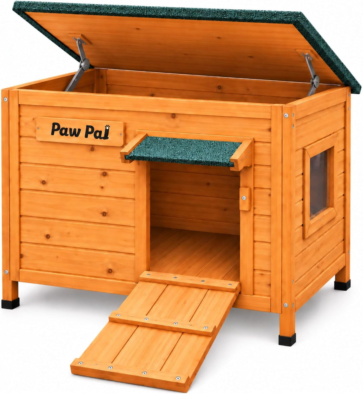 Insulated wooden outdoor cat house with openable asphalt roof