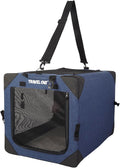 Blue collapsible soft-sided pet carrier crate with mesh door