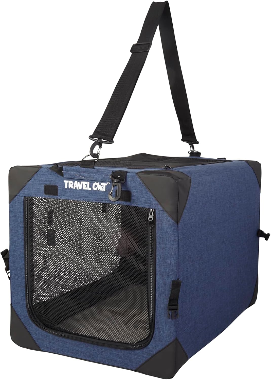Blue collapsible soft-sided pet carrier crate with mesh door